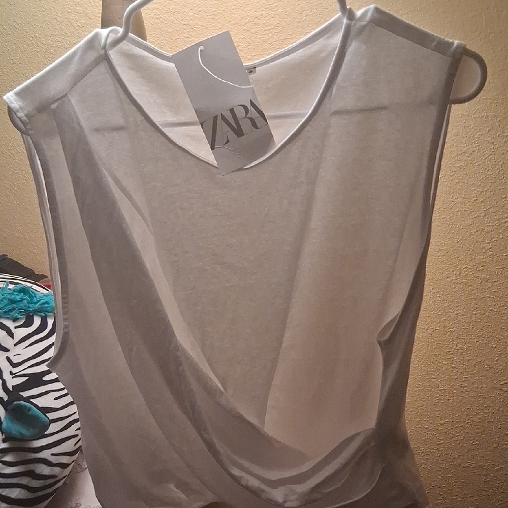 Zara White Sleeveless Asymmetrical Wrap Top